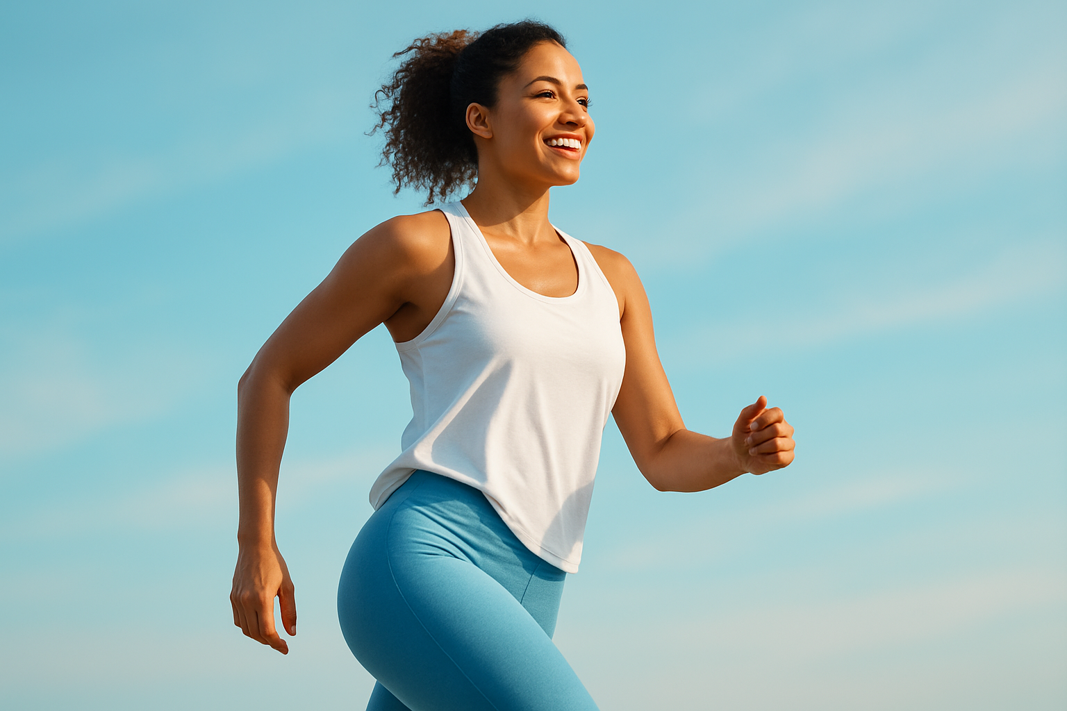 Une femme active d'environ 35 ans, rayonnante de confiance, debout en pose dynamique, portant un legging bleu clair moulant et un haut blanc fluide, mettant en valeur ses cuisses lisses et toniques sans aucune trace de cellulite, sourire éclatant et regard déterminé vers l'horizon, ambiance aspirationnelle de liberté et de bien-être, fond lumineux avec des nuances douces de bleu ciel et turquoise, photoréalisme haute résolution, éclairage naturel doux avec rim light soulignant les contours, composition respectant la règle des tiers, sans texte, image eye-catching comme une vignette YouTube professionnelle.