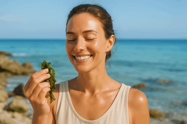 Une femme d'une trentaine d'années au visage rayonnant et serein, avec une peau éclatante et hydratée, debout sur une plage rocheuse au bord de l'océan turquoise sous un ciel bleu clair, tenant délicatement une algue marine fraîche dans sa main, expression de joie et de revitalisation, éclairage naturel doux avec des reflets bleutés sur l'eau en arrière-plan, composition en règle des tiers centrée sur son visage souriant, photoréalisme haute résolution, ambiance apaisante et aspirante à un bien-être naturel, sans texte.