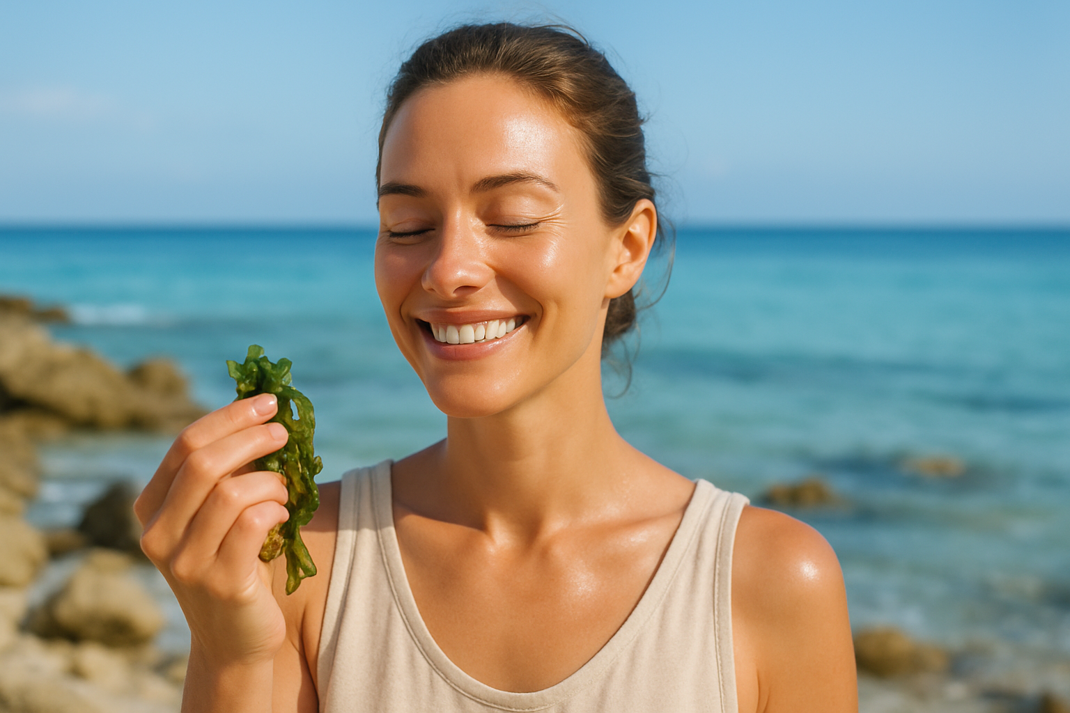 Une femme d'une trentaine d'années au visage rayonnant et serein, avec une peau éclatante et hydratée, debout sur une plage rocheuse au bord de l'océan turquoise sous un ciel bleu clair, tenant délicatement une algue marine fraîche dans sa main, expression de joie et de revitalisation, éclairage naturel doux avec des reflets bleutés sur l'eau en arrière-plan, composition en règle des tiers centrée sur son visage souriant, photoréalisme haute résolution, ambiance apaisante et aspirante à un bien-être naturel, sans texte.