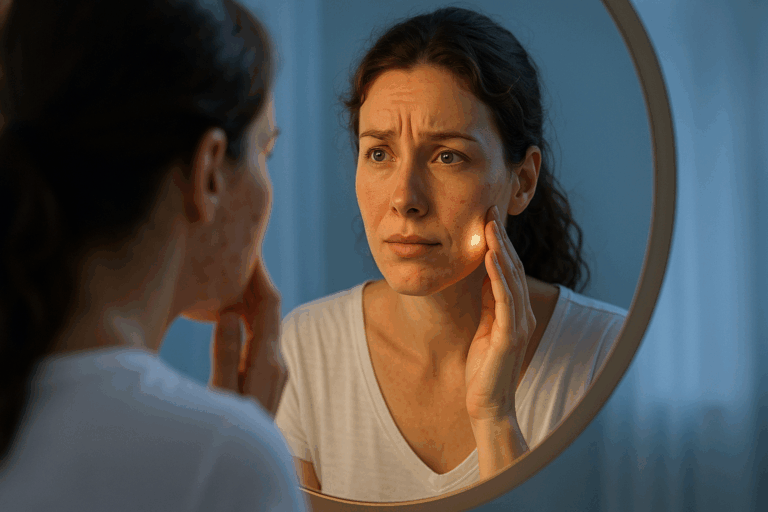 Une femme de 30 ans au teint terne et marqué par des cicatrices d'acné, se regardant dans un miroir avec une expression de frustration mêlée d'espoir, découvrant un éclat naissant sur sa peau après un soin naturel ; ambiance lumineuse et apaisante avec des nuances de bleu doux en arrière-plan, composition respectant la règle des tiers, éclairage rim light pour un impact visuel fort, photoréalisme haute résolution, style vignette YouTube captivante et aspirationnelle.