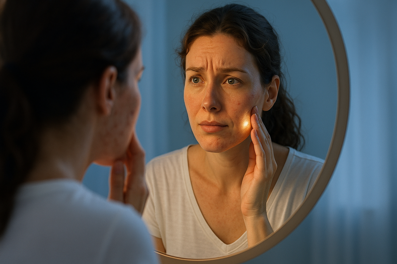 Une femme de 30 ans au teint terne et marqué par des cicatrices d'acné, se regardant dans un miroir avec une expression de frustration mêlée d'espoir, découvrant un éclat naissant sur sa peau après un soin naturel ; ambiance lumineuse et apaisante avec des nuances de bleu doux en arrière-plan, composition respectant la règle des tiers, éclairage rim light pour un impact visuel fort, photoréalisme haute résolution, style vignette YouTube captivante et aspirationnelle.