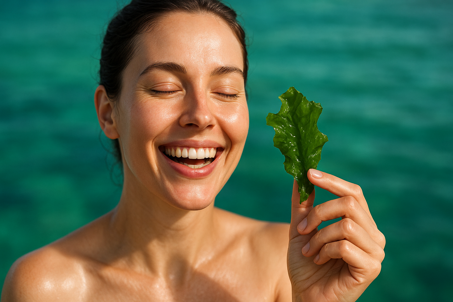 Une femme d'une trentaine d'années au visage rayonnant de joie et de soulagement, avec une peau lisse et éclatante comme neuve, tenant délicatement une algue marine verte dans sa main, fond océanique serein avec nuances de bleu turquoise et vert émeraude, éclairage naturel doux soulignant les textures réalistes de la peau et de l'algue, composition en règle des tiers avec le visage centré, ambiance aspirationnelle de transformation sans douleur, photoréaliste haute résolution, eye-catching pour vignette YouTube avec contrastes forts et rim light subtile.