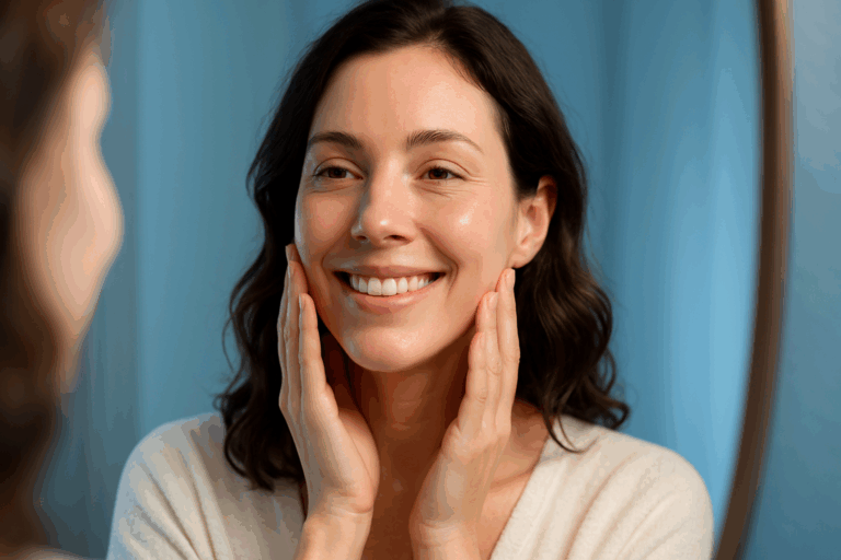 Une femme d'une trentaine d'années à la peau sensible et délicate, rayonnante de confiance et d'éclat naturel, se regardant dans un miroir avec un sourire serein après un soin doux ; son visage est hydraté et revitalisé sans aucune trace d'irritation, cheveux légèrement wavy cascadant sur les épaules, éclairage doux et naturel avec des accents de bleu apaisant en arrière-plan pour une ambiance relaxante et professionnelle ; composition selon la règle des tiers, plan moyen centré sur le visage et les épaules, photoréalisme haute résolution avec textures de peau lisse et réalistes, rim light subtile pour un impact visuel captivant comme une vignette YouTube aspirationnelle.