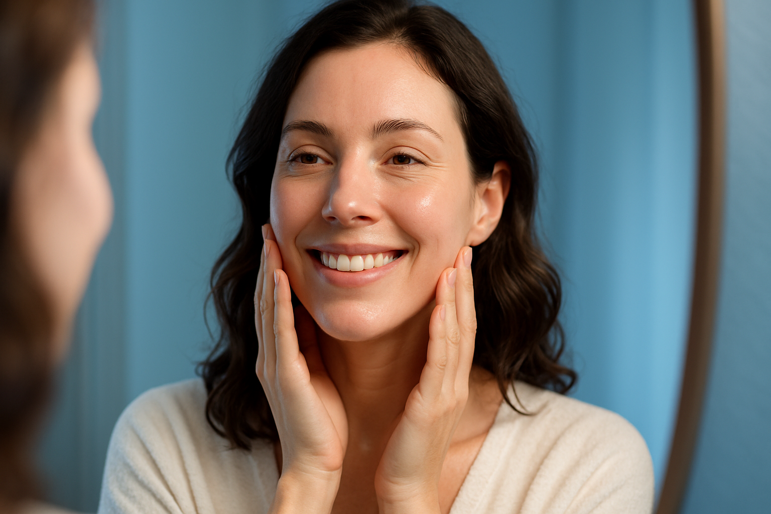 Une femme d'une trentaine d'années à la peau sensible et délicate, rayonnante de confiance et d'éclat naturel, se regardant dans un miroir avec un sourire serein après un soin doux ; son visage est hydraté et revitalisé sans aucune trace d'irritation, cheveux légèrement wavy cascadant sur les épaules, éclairage doux et naturel avec des accents de bleu apaisant en arrière-plan pour une ambiance relaxante et professionnelle ; composition selon la règle des tiers, plan moyen centré sur le visage et les épaules, photoréalisme haute résolution avec textures de peau lisse et réalistes, rim light subtile pour un impact visuel captivant comme une vignette YouTube aspirationnelle.