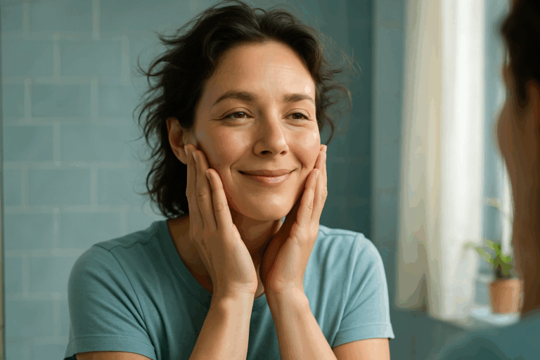 Une femme de 40 ans au visage expressif et confiant, debout devant un miroir dans une salle de bain lumineuse et naturelle, admirant sa peau lisse et repulpée sans rides visibles après un soin aux algues, expression de soulagement et de joie intérieure, cheveux légèrement ébouriffés pour un look authentique, éclairage doux avec des accents de bleu apaisant sur les tons de peau, composition selon la règle des tiers avec le visage centré et de l'espace autour, photoréalisme haute résolution, ambiance rassurante et aspirationnelle sans aucun texte.