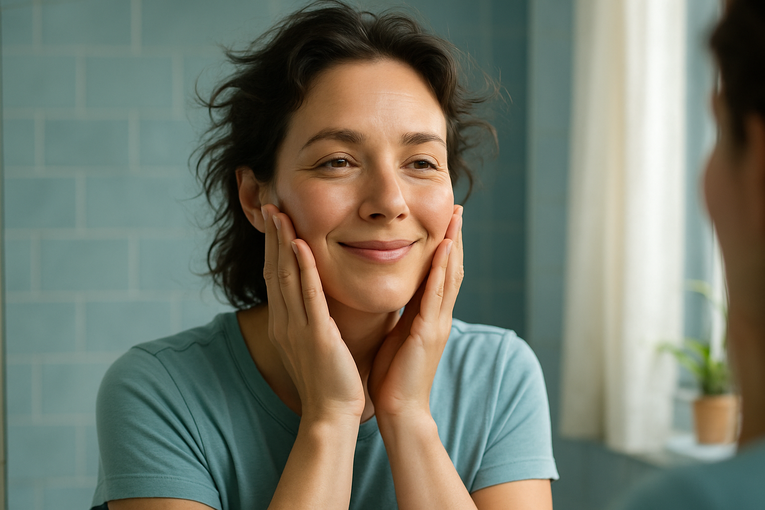 Une femme de 40 ans au visage expressif et confiant, debout devant un miroir dans une salle de bain lumineuse et naturelle, admirant sa peau lisse et repulpée sans rides visibles après un soin aux algues, expression de soulagement et de joie intérieure, cheveux légèrement ébouriffés pour un look authentique, éclairage doux avec des accents de bleu apaisant sur les tons de peau, composition selon la règle des tiers avec le visage centré et de l'espace autour, photoréalisme haute résolution, ambiance rassurante et aspirationnelle sans aucun texte.