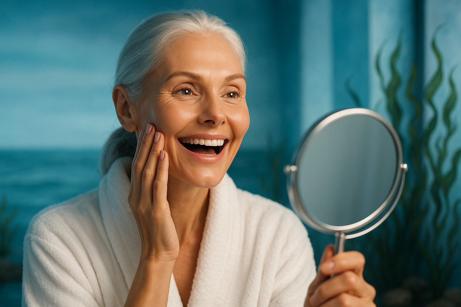 Une femme d'âge mûr au visage rayonnant de confiance, avec une peau lisse et uniforme débarrassée des taches brunes tenaces, se regardant dans un miroir avec un sourire émerveillé, dans un cadre spa naturel évoquant la mer avec des touches d'algues et d'océan, éclairage doux et contrasté avec nuances de bleu apaisantes, photoréaliste haute résolution, composition selon la règle des tiers pour un impact visuel captivant comme une vignette YouTube, expression d'euphorie et de revitalisation, ambiance professionnelle et sereine sans aucun texte.