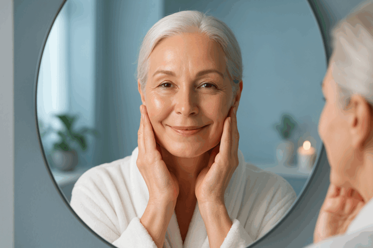 Une femme d'âge mûr au teint lumineux et repulpé, regardant son reflet dans un miroir avec un sourire serein et confiant, dans un cadre spa moderne et apaisant aux nuances de bleu doux, éclairage naturel doux soulignant l'éclat de sa peau lisse et uniforme, composition en règle des tiers avec le visage centré, photoréaliste haute résolution, ambiance aspirationnelle et rassurante évoquant la satisfaction d'une peau revitalisée sans irritations.