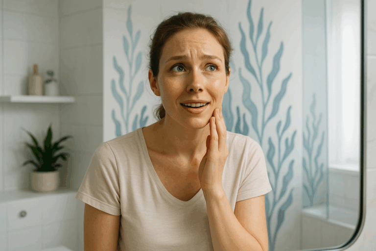 Une femme de 30 ans au teint terne et fatigué, debout devant un miroir dans une salle de bain lumineuse et moderne, exprime une frustration mêlée d'espoir alors qu'elle touche doucement sa joue, imaginant une peau revitalisée par un peeling aux algues naturel ; son expression est anxieuse mais déterminée, avec un éclat d'excitation dans les yeux ; arrière-plan épuré avec des éléments naturels comme des algues marines stylisées en nuances de bleu apaisant ; éclairage doux et contrasté pour un impact visuel fort, composition selon la règle des tiers, photoréaliste haute résolution, ambiance rassurante et aspirationnelle, sans texte.
