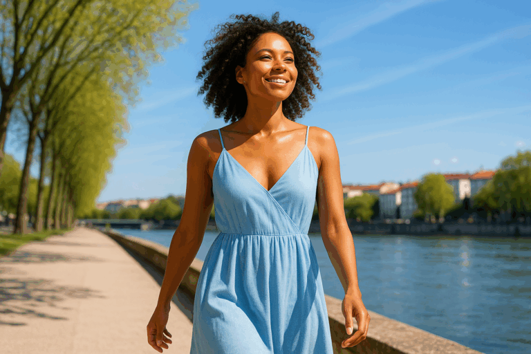Une femme active de 30 ans, rayonnante et confiante, avec une peau douce, hydratée et éclatante, portant une robe d'été légère aux nuances de bleu clair, marchant joyeusement sur une promenade ensoleillée près de la Saône à Villeurbanne, sous un ciel printanier bleu azur, expression de sérénité et d'anticipation pour l'été, éclairage naturel dynamique avec rim light soulignant son glow, composition en règle des tiers, photoréalisme haute résolution, ambiance aspirationnelle et motivante.