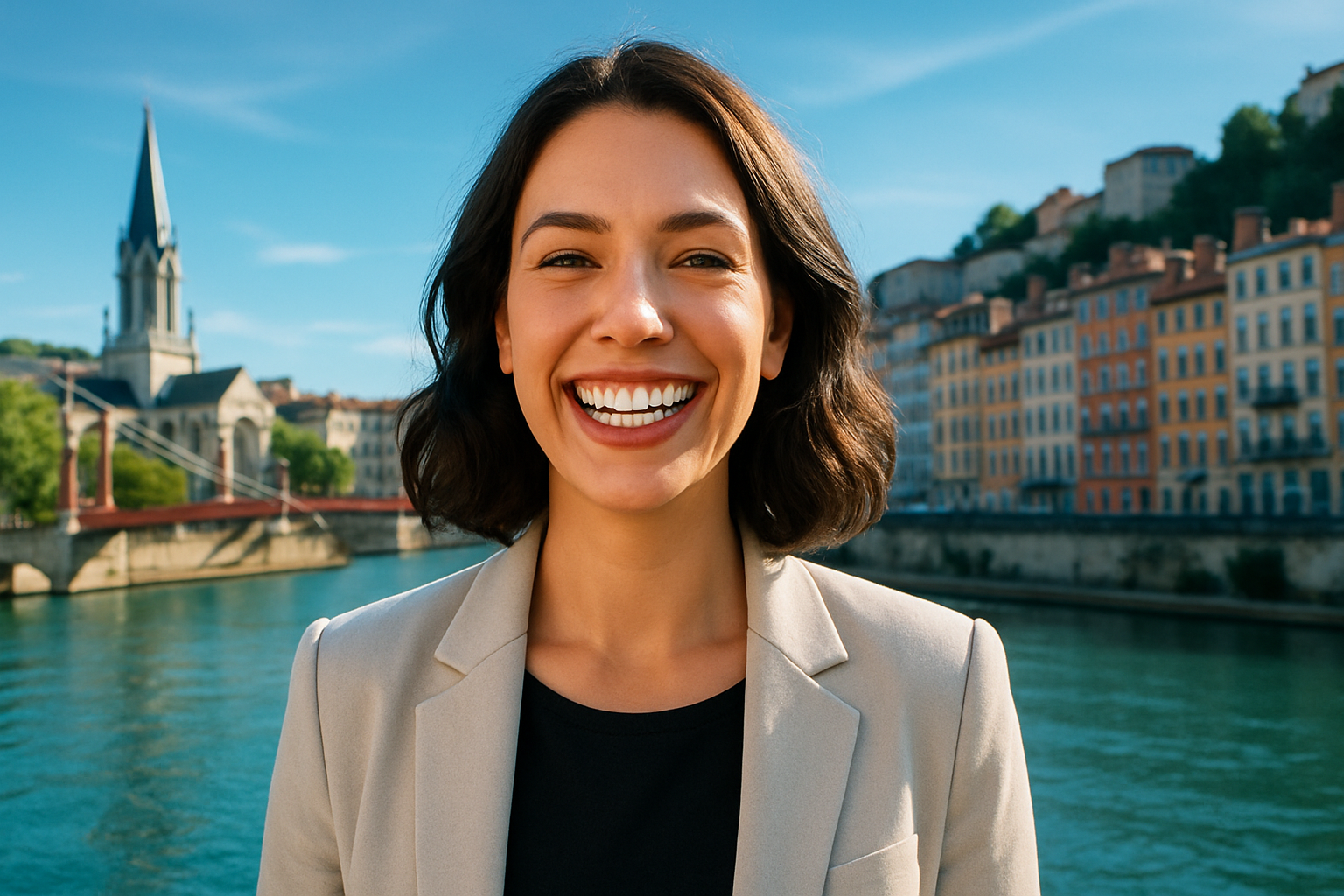 Une jeune femme confiante et rayonnante sourit largement, révélant des dents parfaitement blanches et éclatantes, dans un cadre urbain animé de Lyon au bord de la Saône, avec un éclairage naturel doux en nuances de bleu ciel et turquoise pour une ambiance rafraîchissante et professionnelle. Elle porte une tenue neutre et élégante, posant de manière détendue avec une expression de joie pure et d'assurance, composition selon la règle des tiers avec le sourire centré, photoréalisme haute résolution, contrastes forts et rim light subtile pour un impact vignette YouTube captivant, sans aucun texte.