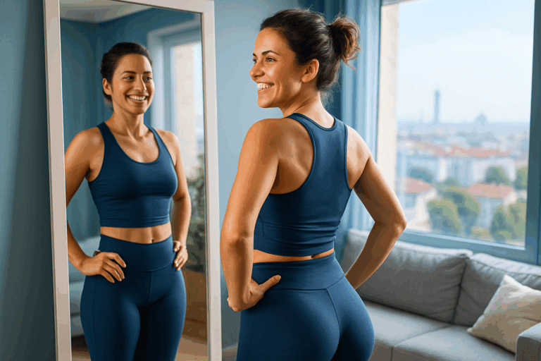Une femme d'une trentaine d'années, au corps athlétique et tonifié, se tient confiante devant un miroir dans un salon lumineux à Villeurbanne, admirant sa silhouette affinée et ferme au niveau des fesses et hanches après un traitement naturel. Elle porte une tenue de sport confortable et élégante, un legging bleu marine et un haut ajusté, avec un sourire radieux exprimant soulagement et satisfaction. Arrière-plan flou montrant une vue urbaine de Lyon au loin, éclairage naturel doux avec accents bleus pour une ambiance rassurante et aspirationnelle, composition en règle des tiers, photoréaliste haute résolution, sans texte.