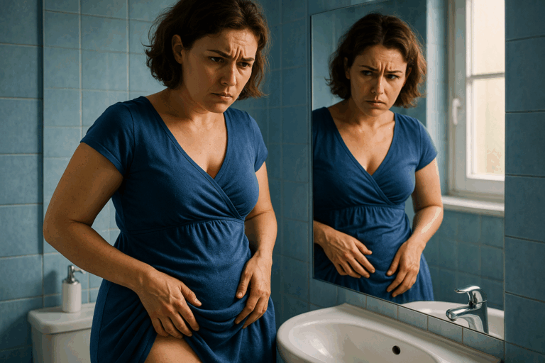 Une femme d'une trentaine d'années, au visage marqué par la frustration et le doute, se tient devant un miroir dans une salle de bain lumineuse aux tons bleus apaisants, observant sa silhouette habillée d'une robe fluide qui souligne subtilement ses cuisses et son ventre ; elle touche doucement sa peau avec une expression mêlant déception et espoir, éclairage naturel doux avec des contrastes marqués pour un impact émotionnel fort, composition en règle des tiers centrée sur son regard déterminé, photoréaliste haute résolution sans aucun texte.