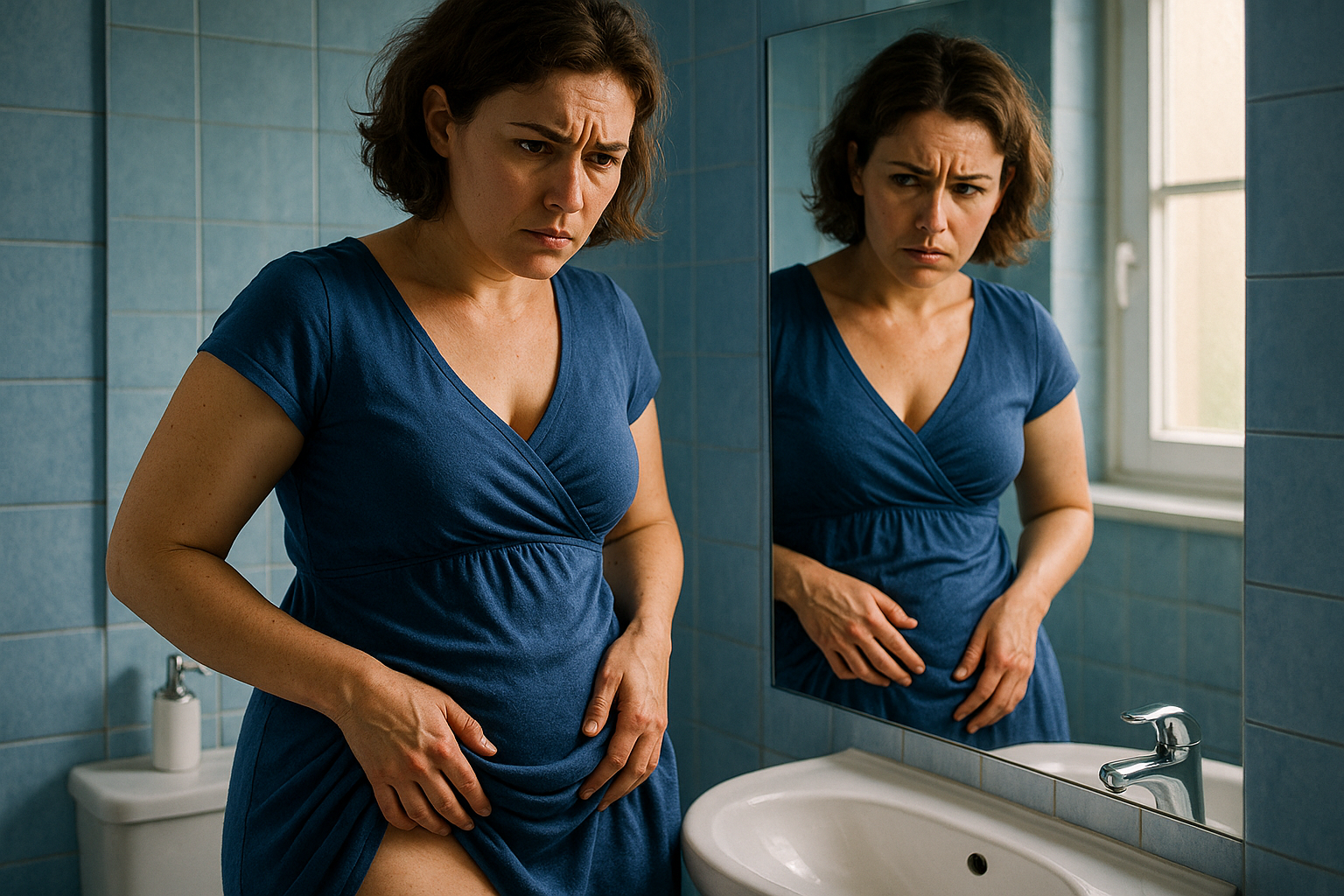 Une femme d'une trentaine d'années, au visage marqué par la frustration et le doute, se tient devant un miroir dans une salle de bain lumineuse aux tons bleus apaisants, observant sa silhouette habillée d'une robe fluide qui souligne subtilement ses cuisses et son ventre ; elle touche doucement sa peau avec une expression mêlant déception et espoir, éclairage naturel doux avec des contrastes marqués pour un impact émotionnel fort, composition en règle des tiers centrée sur son regard déterminé, photoréaliste haute résolution sans aucun texte.