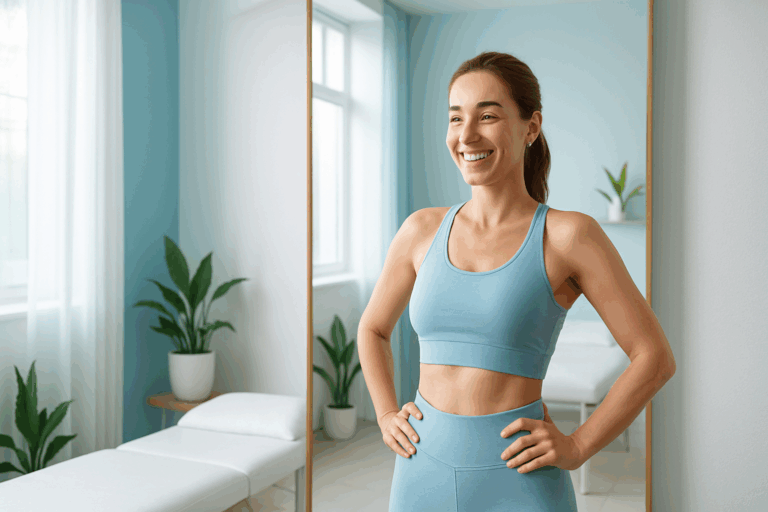 Une femme d'une trentaine d'années, au teint lumineux et confiante, se tient debout dans un cadre lumineux et moderne d'un institut de bien-être, portant une tenue sportive élégante bleu clair qui met en valeur sa silhouette affinée et lisse, elle regarde son reflet dans un miroir avec un sourire victorieux et soulagé, exprimant l'émotion de la transformation positive après des traitements anti-cellulite, éclairage naturel doux avec des accents de bleu apaisant, composition suivant la règle des tiers avec le sujet centré sans coupure, photoréalisme haute résolution, ambiance aspirationnelle et motivante comme une vignette YouTube captivante.