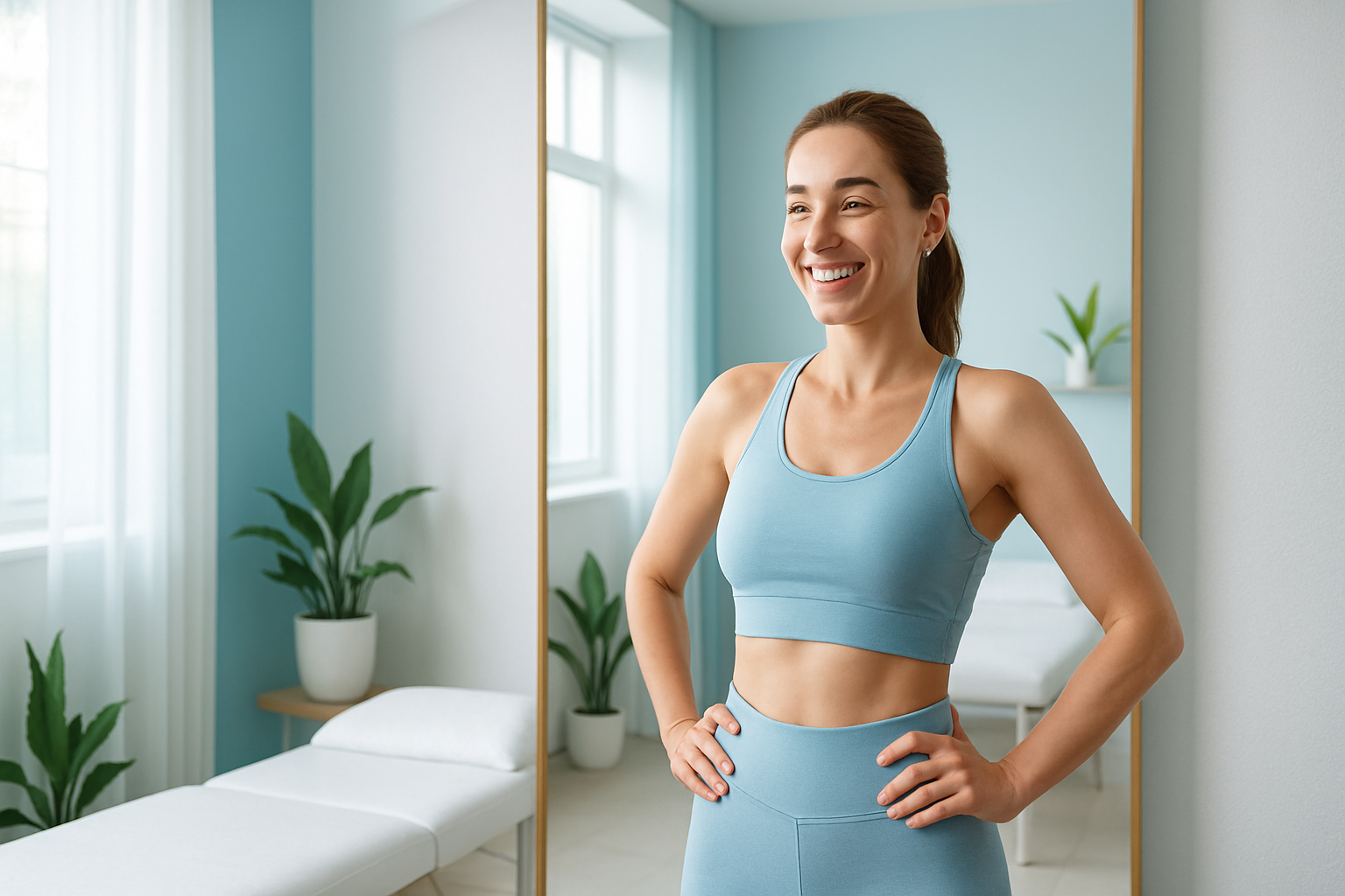 Une femme d'une trentaine d'années, au teint lumineux et confiante, se tient debout dans un cadre lumineux et moderne d'un institut de bien-être, portant une tenue sportive élégante bleu clair qui met en valeur sa silhouette affinée et lisse, elle regarde son reflet dans un miroir avec un sourire victorieux et soulagé, exprimant l'émotion de la transformation positive après des traitements anti-cellulite, éclairage naturel doux avec des accents de bleu apaisant, composition suivant la règle des tiers avec le sujet centré sans coupure, photoréalisme haute résolution, ambiance aspirationnelle et motivante comme une vignette YouTube captivante.