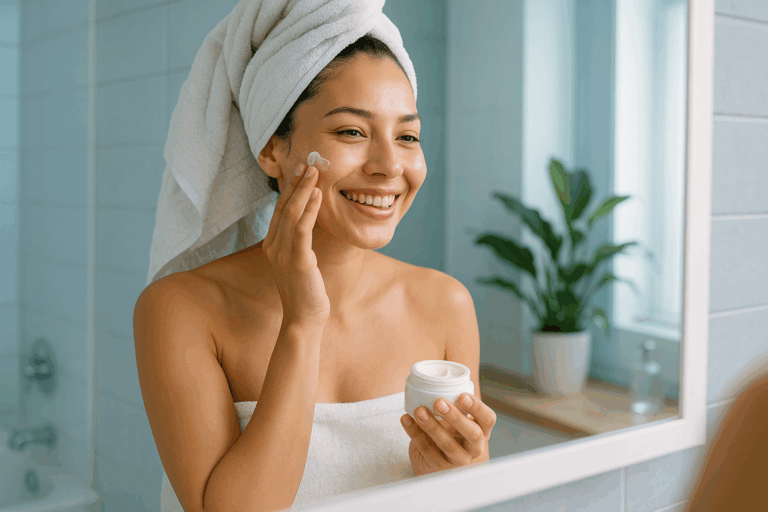 Une femme de 30 ans au teint radieux et à la peau lisse et élastique, souriant avec confiance devant un miroir dans une salle de bain lumineuse et moderne, appliquant délicatement une crème hydratante naturelle sur son visage frais et éclatant après une routine de soins, ambiance sereine et aspirationnelle évoquant le renouveau et la vitalité, éclairage doux avec accents de bleu apaisant, composition en règle des tiers centrée sur son expression joyeuse, photoréaliste haute résolution sans texte.