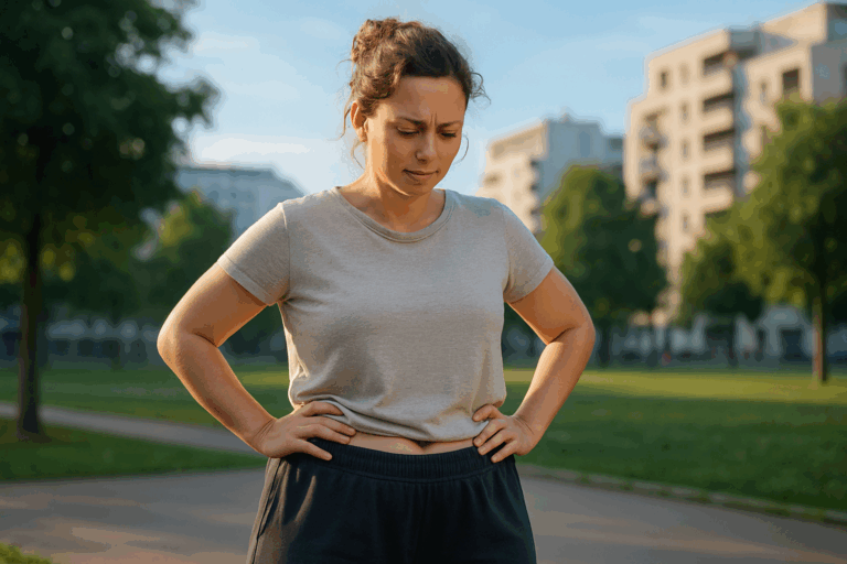 Une femme d'une trentaine d'années, debout dans un parc urbain de Villeurbanne sous un éclairage naturel doux avec des accents de bleu ciel, examinant sa silhouette avec une expression mêlant frustration passagère et espoir déterminé, portant un pantalon de sport ample et un haut loose neutre, posture confiante et aspirationnelle, photoréaliste haute résolution, composition selon la règle des tiers avec rim light subtile pour un impact visuel captivant comme une vignette YouTube, ambiance rassurante et professionnelle sans aucun texte.