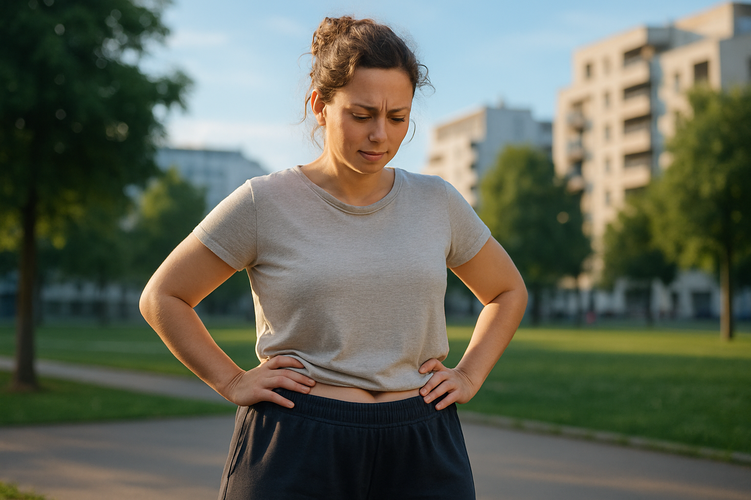 Une femme d'une trentaine d'années, debout dans un parc urbain de Villeurbanne sous un éclairage naturel doux avec des accents de bleu ciel, examinant sa silhouette avec une expression mêlant frustration passagère et espoir déterminé, portant un pantalon de sport ample et un haut loose neutre, posture confiante et aspirationnelle, photoréaliste haute résolution, composition selon la règle des tiers avec rim light subtile pour un impact visuel captivant comme une vignette YouTube, ambiance rassurante et professionnelle sans aucun texte.