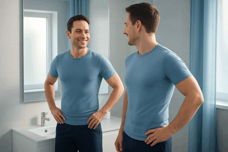 Un homme dans la trentaine, confiant et soulagé, debout devant un miroir dans une salle de bain moderne et lumineuse, admirant sa silhouette lisse et affinée sur le ventre et les hanches après un traitement efficace contre la cellulite, vêtu d'un t-shirt ajusté et d'un pantalon de sport, expression de satisfaction et de liberté, éclairage naturel doux avec accents de bleu apaisant, composition en règle des tiers avec le sujet centré, photoréaliste haute résolution, ambiance aspirationnelle et professionnelle, sans texte.