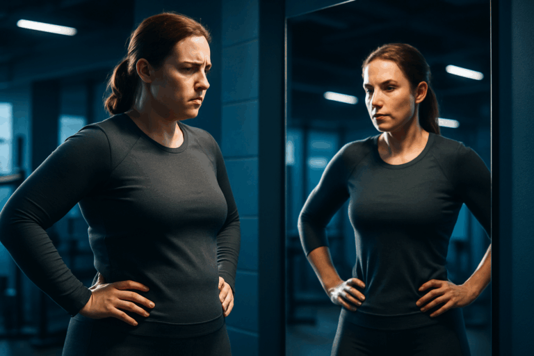 Une femme adulte motivée d'une trentaine d'années, frustrée mais pleine d'espoir, en tenue de sport neutre et couvrante, debout devant un miroir dans un centre fitness moderne aux nuances de bleu apaisantes, observant sa silhouette en train de se transformer avec une tonicité naissante et un amincissement visible, expression de détermination et de soulagement sur son visage, éclairage dynamique avec contrastes forts et rim light pour un impact visuel percutant, composition respectant la règle des tiers, photoréalisme haute résolution sans aucun texte.