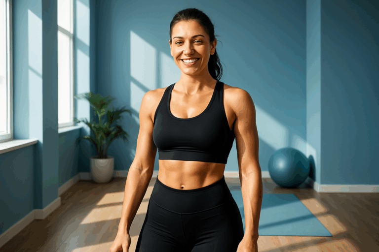 Une femme d'une trentaine d'années, au corps tonifié et athlétique, debout dans un studio moderne et lumineux avec des accents de bleu apaisant, portant une tenue de sport ajustée et professionnelle, un sourire confiant et soulagé sur le visage, illustrant le plaisir de se muscler sans effort ni transpiration, éclairage naturel doux avec des contrastes forts pour un impact visuel captivant, composition respectant la règle des tiers, photoréalisme haute résolution sans aucun texte.