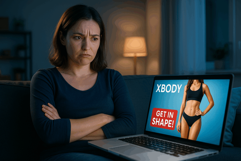 Une femme d'une trentaine d'années, frustrée et sceptique, assise sur son canapé devant une publicité alléchante pour l'XBody sur son ordinateur portable, affichant une silhouette affinée et tonique ; elle regarde l'écran avec un mélange d'espoir et de doute, les bras croisés, dans un salon moderne éclairé par une lumière douce du soir ; photoréaliste haute résolution, composition en règle des tiers avec le visage centré, nuances de bleu dans l'éclairage et les tons froids pour une ambiance rassurante, contrastes forts et rim light subtile sur les contours pour un impact visuel captivant comme une vignette YouTube.