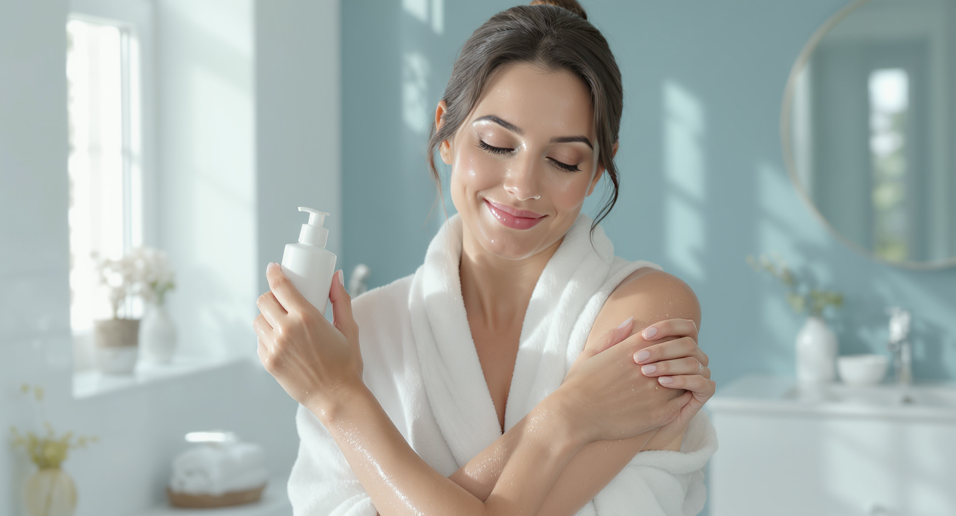 Photorealistic image of a confident woman in her thirties, standing in a modern, serene bathroom with soft blue accents, applying a gentle hydrating lotion to her arm, her skin appearing smooth and glowing with natural radiance; she looks relaxed and empowered, wearing a simple loose robe; focus on the progressive care benefits like hydration and tone, with subtle before-and-after implication through her poised expression; high-resolution details on textures like lotion sheen and skin pores, realistic lighting from a window, rule of thirds composition, no text, safe-for-work, professional and uplifting atmosphere.