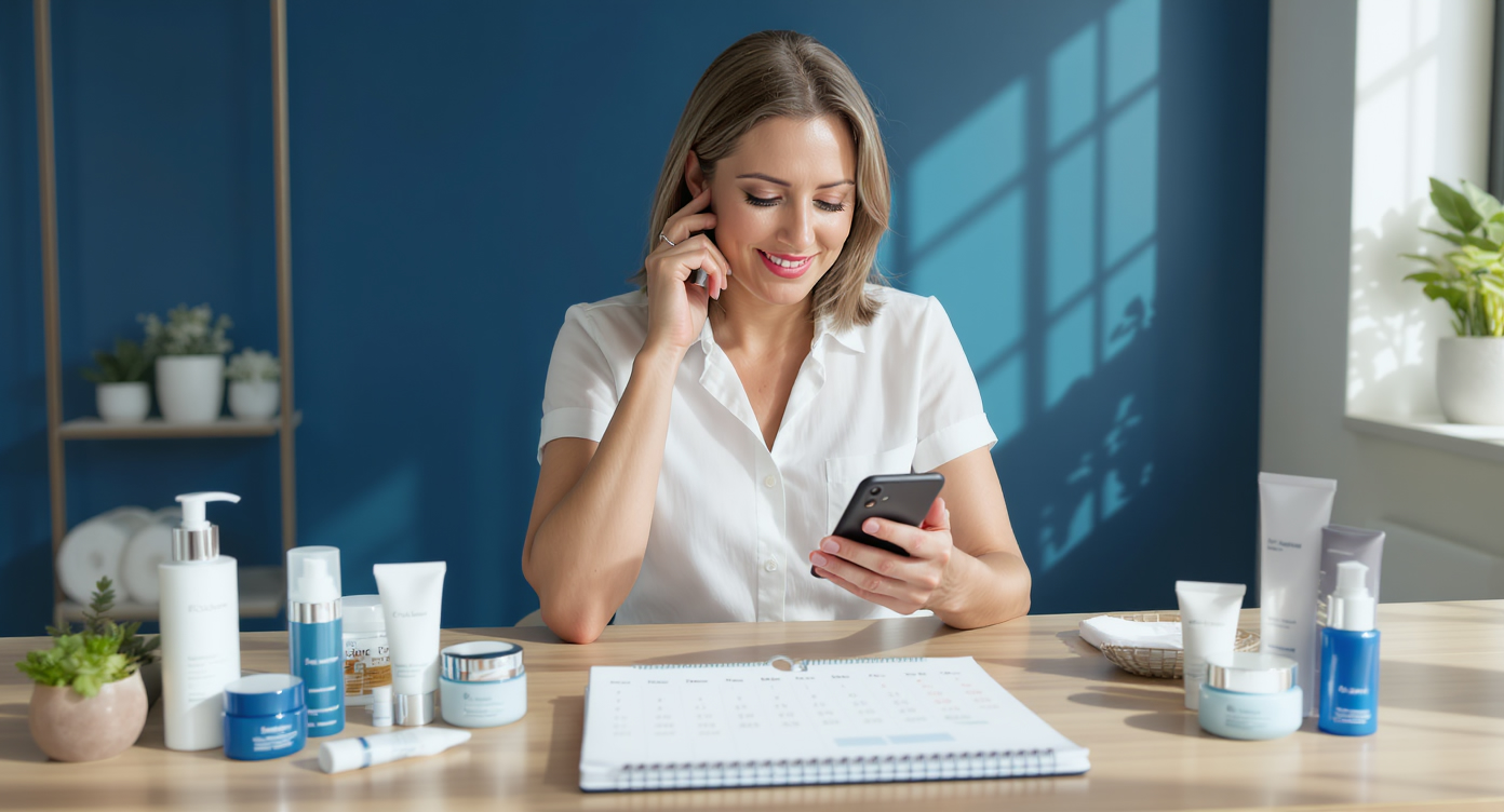 Photorealistic image of a professional beauty institute interior with blue accents, showing a calendar on a desk marked with efficient combined skincare appointments for face and body, a woman in her 40s looking relieved while checking her schedule on her phone, surrounded by high-end skincare products for both face and body arranged coherently, soft natural lighting with strong contrasts to highlight efficiency and time-saving benefits, rule of thirds composition ensuring the main subject is centered without edge cropping, high-resolution details on textures like smooth skin products and wooden desk, professional and SFW atmosphere evoking practical advantages of integrated care.