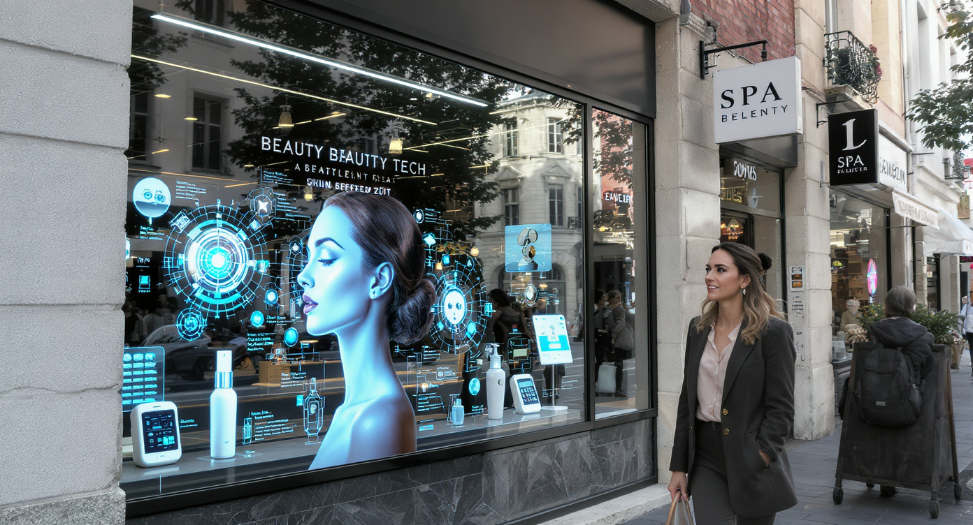 Photorealistic image of a vibrant urban street in Villeurbanne, France, with modern beauty tech elements integrated: a stylish woman in her 30s walking past a local spa storefront displaying holographic AR makeup trials and AI skin analysis devices in the window, her face showing curiosity and excitement, soft blue lighting accents on the tech gadgets, high-resolution details on architecture and textures, eye-catching composition with strong contrasts and rim light, safe-for-work professional attire, no text, focusing on emerging local beauty innovations.