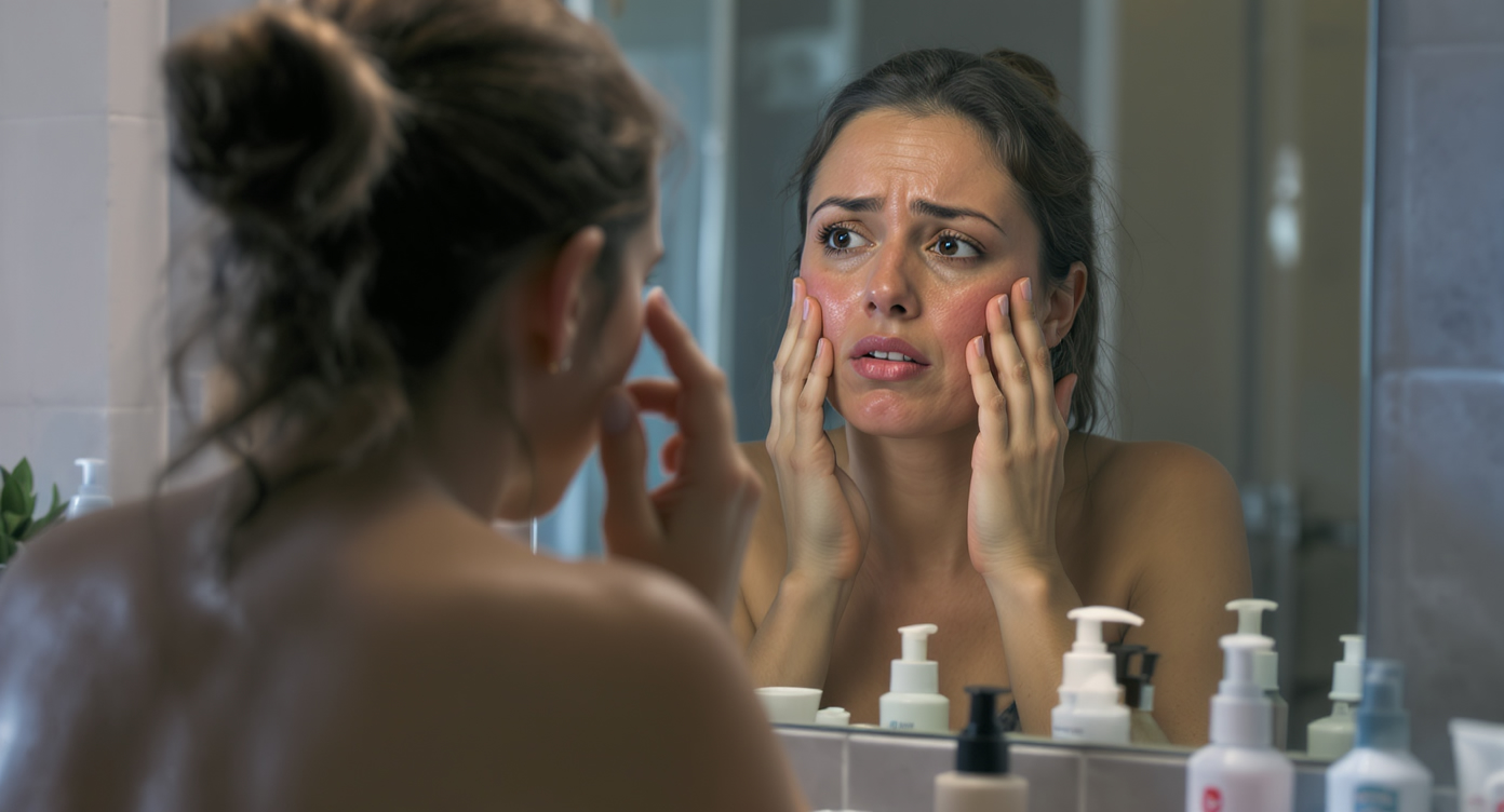 Photorealistic image of a frustrated woman in her 30s from Villeurbanne examining her irritated skin in a mirror at home, surrounded by scattered ineffective beauty products on a cluttered bathroom counter, conveying the emotional weight of a mismatched routine. Subtle blue accents in the lighting for a calming yet tense atmosphere, strong contrasts to highlight her thoughtful expression, rule of thirds composition with her face positioned off-center, high-resolution details on textures like dry skin and product labels, no text, professional and SFW.