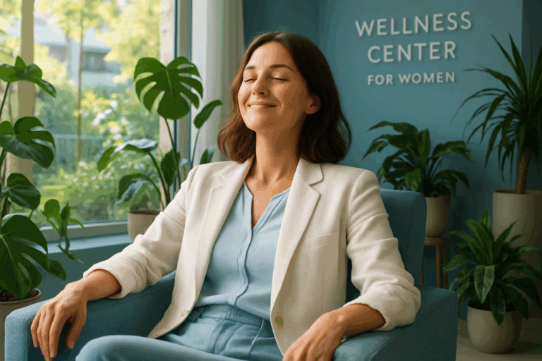 Une femme active d'une trentaine d'années, aux cheveux châtains mi-longs, portant une tenue décontractée chic en blanc et bleu clair, est assise dans un lounge serein d'un centre bien-être féminin à Villeurbanne, les yeux fermés en pleine relaxation profonde, un sourire paisible sur le visage, entourée de plantes vertes luxuriantes et de lumière douce filtrant par de grandes fenêtres donnant sur un jardin urbain calme ; ambiance photoréaliste haute résolution, éclairage naturel avec accents de bleu apaisant, composition en règle des tiers centrée sur son expression de libération du stress quotidien, rim light subtile sur les contours pour un impact émotionnel fort et aspirationnel, sans texte.