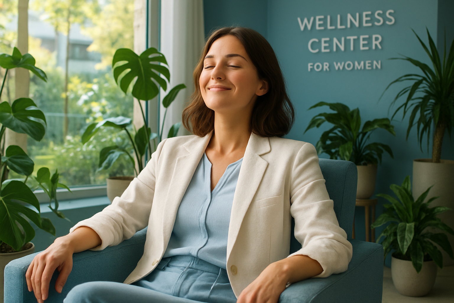 Une femme active d'une trentaine d'années, aux cheveux châtains mi-longs, portant une tenue décontractée chic en blanc et bleu clair, est assise dans un lounge serein d'un centre bien-être féminin à Villeurbanne, les yeux fermés en pleine relaxation profonde, un sourire paisible sur le visage, entourée de plantes vertes luxuriantes et de lumière douce filtrant par de grandes fenêtres donnant sur un jardin urbain calme ; ambiance photoréaliste haute résolution, éclairage naturel avec accents de bleu apaisant, composition en règle des tiers centrée sur son expression de libération du stress quotidien, rim light subtile sur les contours pour un impact émotionnel fort et aspirationnel, sans texte.