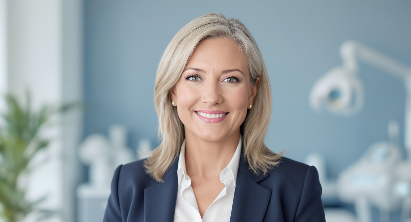 Photorealistic image of a professional woman in her 40s, standing confidently in a modern clinic setting, her skin looking smooth and rejuvenated without any surgical signs, smiling subtly with relief, soft natural lighting highlighting her natural features, serene blue-toned background for a calming effect, medium shot following the rule of thirds, no text, high-resolution details on textures and expressions.