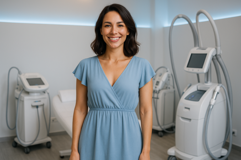 Une femme active de 30 ans, au sourire radieux et confiant, debout dans un institut de beauté moderne à Villeurbanne, avec une silhouette affinée et élégante, vêtue d'une robe bleu clair fluide qui met en valeur sa satisfaction post-soins, entourée de subtly d'appareils high-tech pour amincissement, éclairage doux avec accents bleus rassurants, composition en règle des tiers centrée sur son expression de soulagement et d'économie réalisée, photoréaliste haute résolution, ambiance aspirationnelle de transformation accessible et locale.