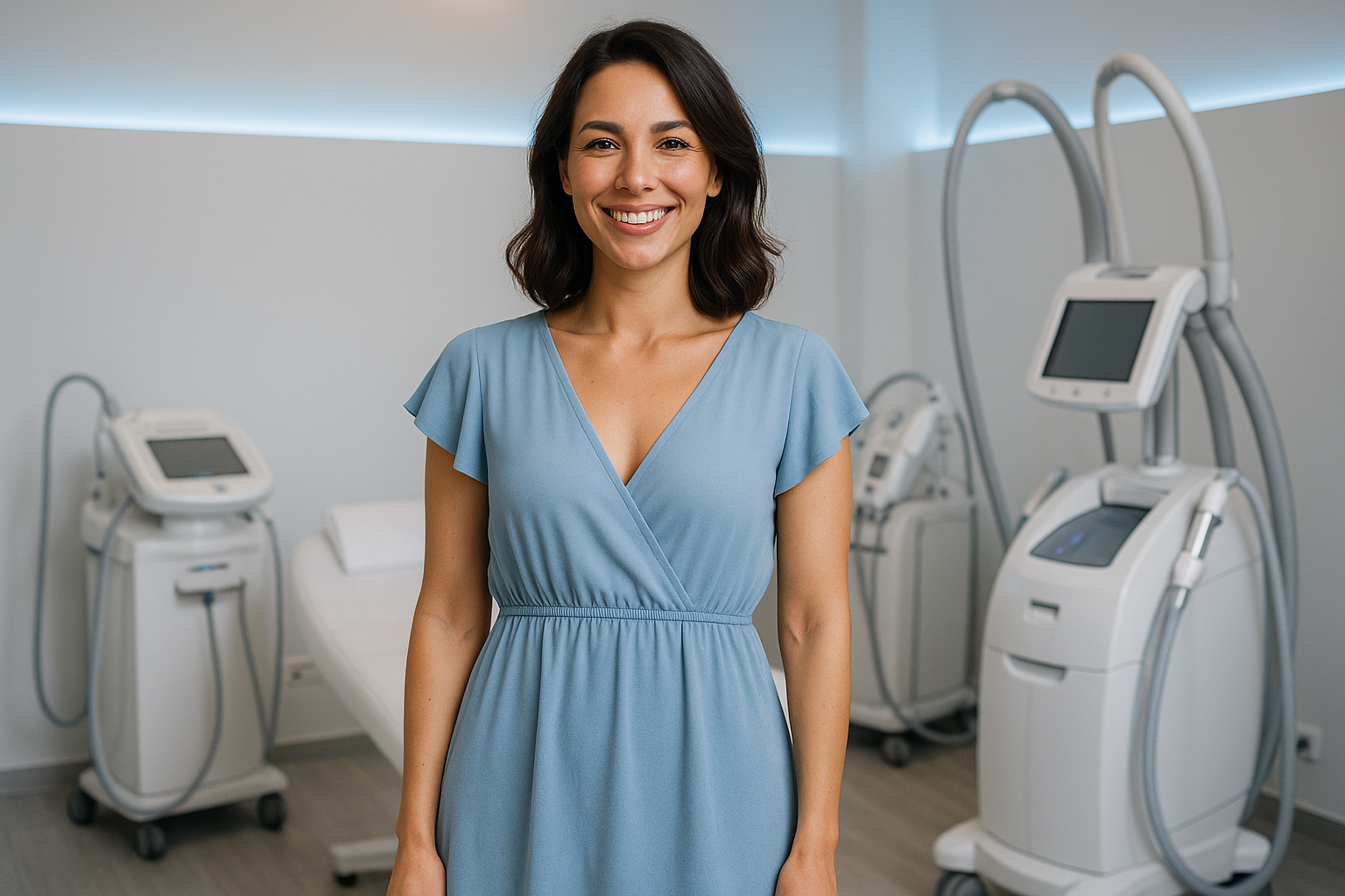 Une femme active de 30 ans, au sourire radieux et confiant, debout dans un institut de beauté moderne à Villeurbanne, avec une silhouette affinée et élégante, vêtue d'une robe bleu clair fluide qui met en valeur sa satisfaction post-soins, entourée de subtly d'appareils high-tech pour amincissement, éclairage doux avec accents bleus rassurants, composition en règle des tiers centrée sur son expression de soulagement et d'économie réalisée, photoréaliste haute résolution, ambiance aspirationnelle de transformation accessible et locale.