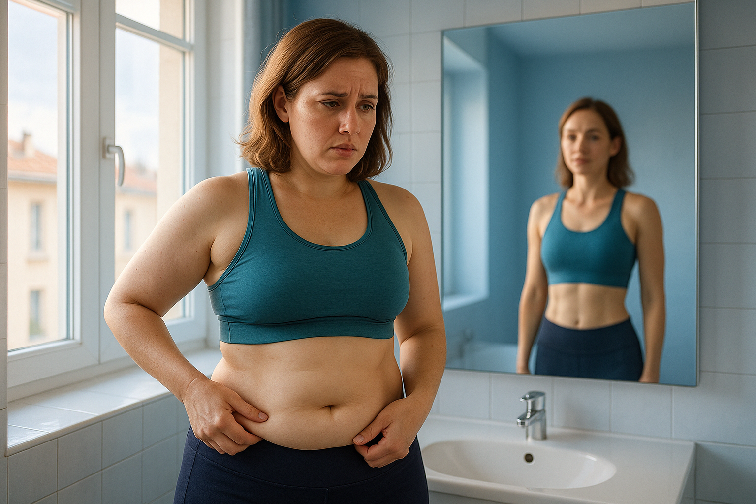 Une femme d'une trentaine d'années, debout devant un miroir dans une salle de bain lumineuse à Lyon, observe sa silhouette avec une expression de frustration mêlée d'espoir, portant une tenue sportive confortable, des zones de graisse tenaces sur le ventre et les cuisses subtilement visibles mais non accentuées de manière suggestive ; elle imagine une version affinée d'elle-même en arrière-plan flou, avec des nuances de bleu apaisantes dans l'éclairage naturel, photoréaliste haute résolution, composition en règle des tiers avec le visage centré, éclairage doux avec rim light pour un impact émotionnel aspirationnel, sans texte ni éléments provocants.