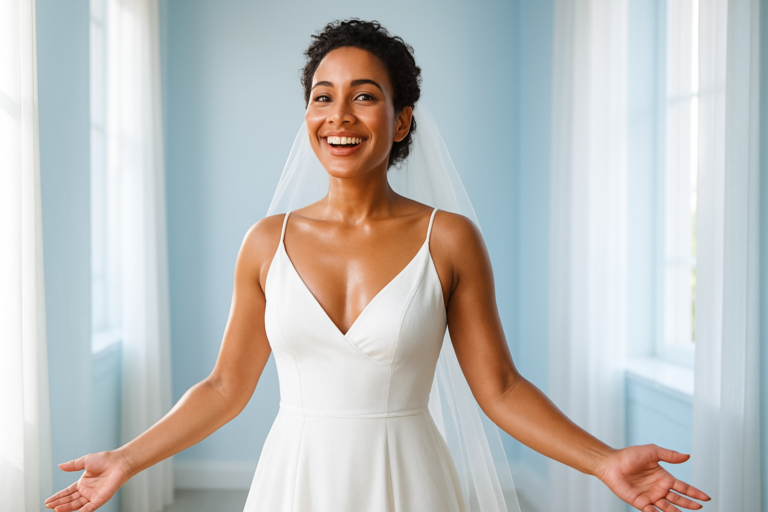 Une femme rayonnante et confiante, future mariée d'une trentaine d'années, debout dans un cadre lumineux et serein avec des tons dominants de bleu clair et blanc, portant une robe élégante et fluide qui met en valeur sa silhouette tonique sans être provocante ; sa peau est éclatante et hydratée, reflétant un bien-être holistique ; elle sourit avec une expression d'excitation mêlée de sérénité, les bras légèrement ouverts comme pour embrasser son avenir radieux ; composition selon la règle des tiers, éclairage naturel doux avec une rim light subtile pour un effet photoréaliste haute résolution, ambiance aspirationnelle et professionnelle, sans texte ni éléments suggestifs.